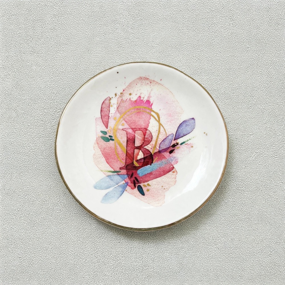 Anthropologie Emily Jeffords Monogram Trinket Dish Letter B Watercolor Gold Rim
